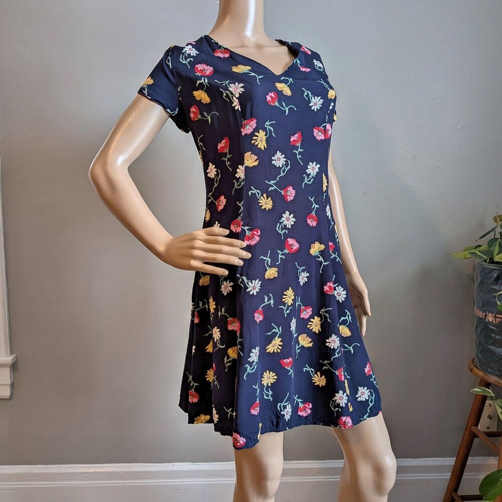 Vintage 90s Blue Floral Mini Dress Cottagecore Summer Size Large